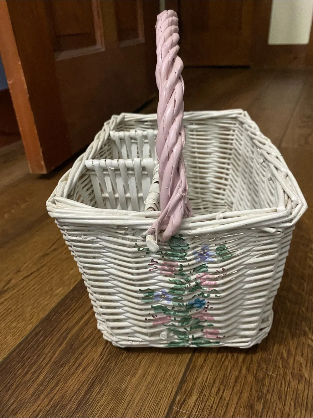 Vintage shabby chic white and pink utensil caddy basket